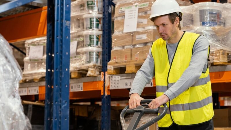 Warehouse operative using an industrial floor scale to weigh a pallet