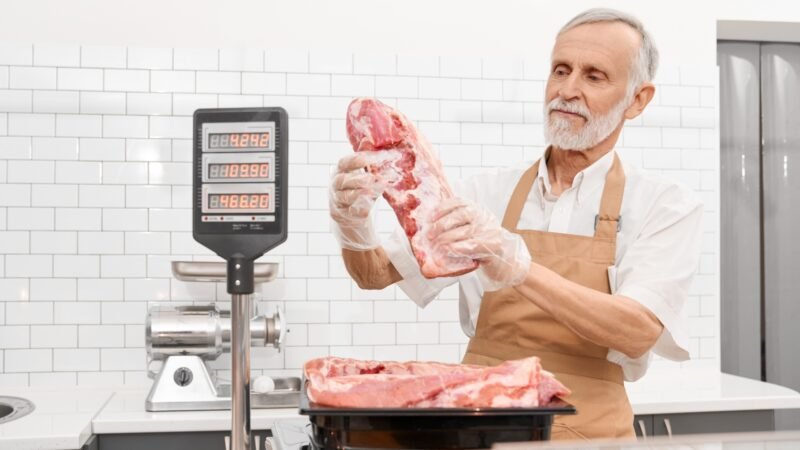 Butcher using a stainless steel NTEP certified price computing scale at a meat counter in a butcher shop