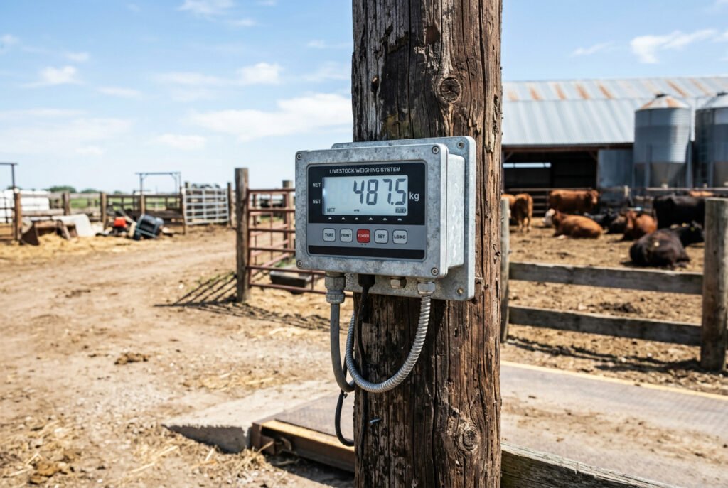 Weatherproof digital livestock scale indicator display mounted on a post in a farm yard showing animal weight reading