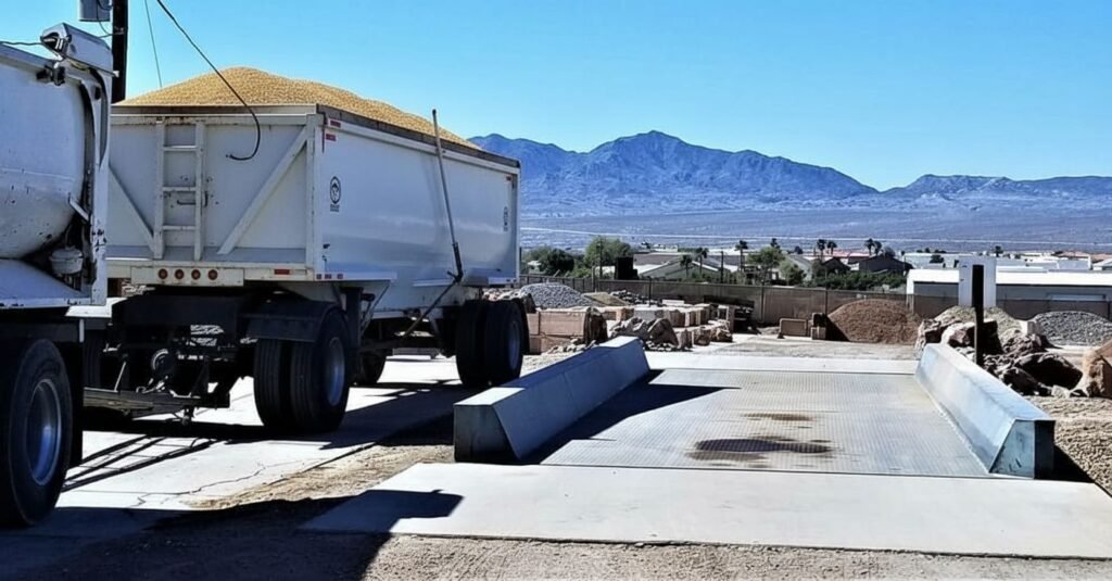 Above ground truck scale weighbridge installed on a concrete foundation at a grain farm in the US Midwest