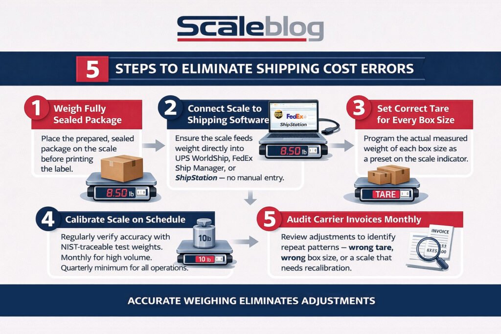 Infographic showing 5 steps to eliminate shipping 
cost errors through accurate package weighing