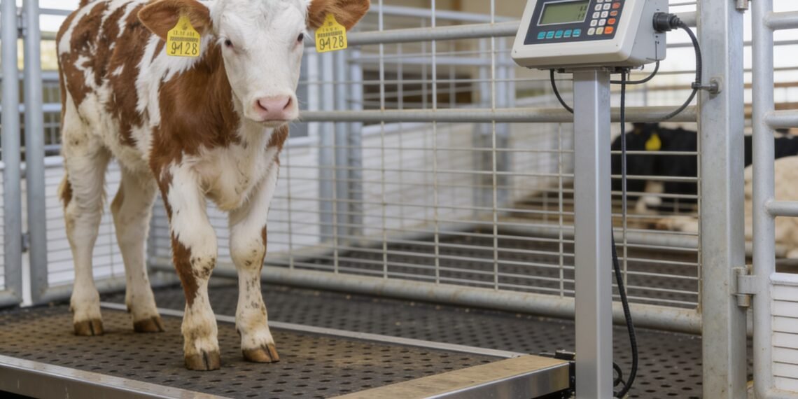 Beef cow being weighed on a certified livestock scale in a farm handling system for accurate live weight measurement