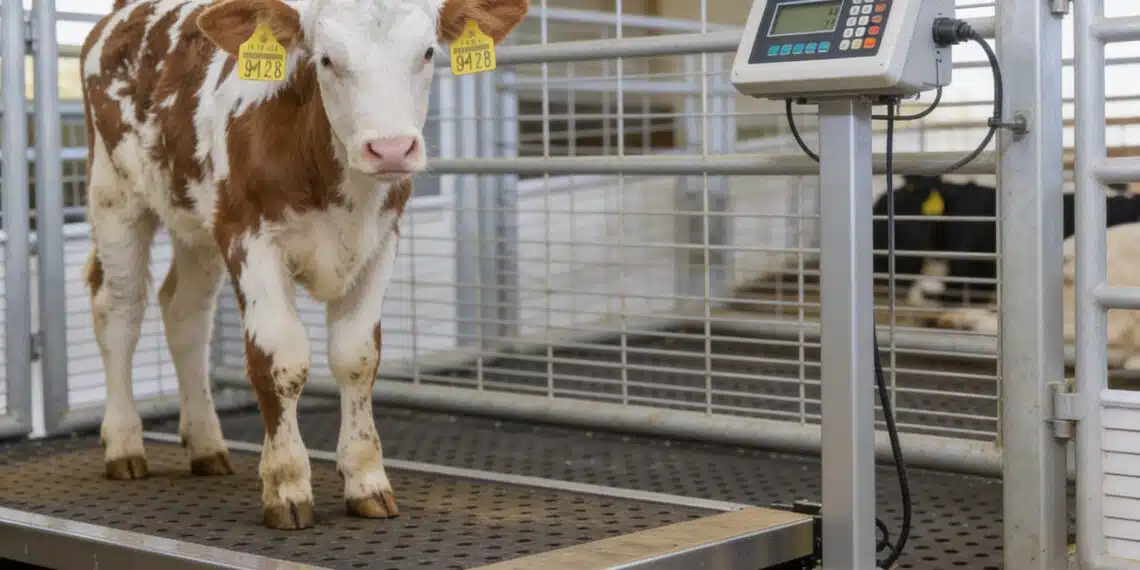 Beef cow being weighed on a certified livestock scale in a farm handling system for accurate live weight measurement