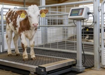 Beef cow being weighed on a certified livestock scale in a farm handling system for accurate live weight measurement