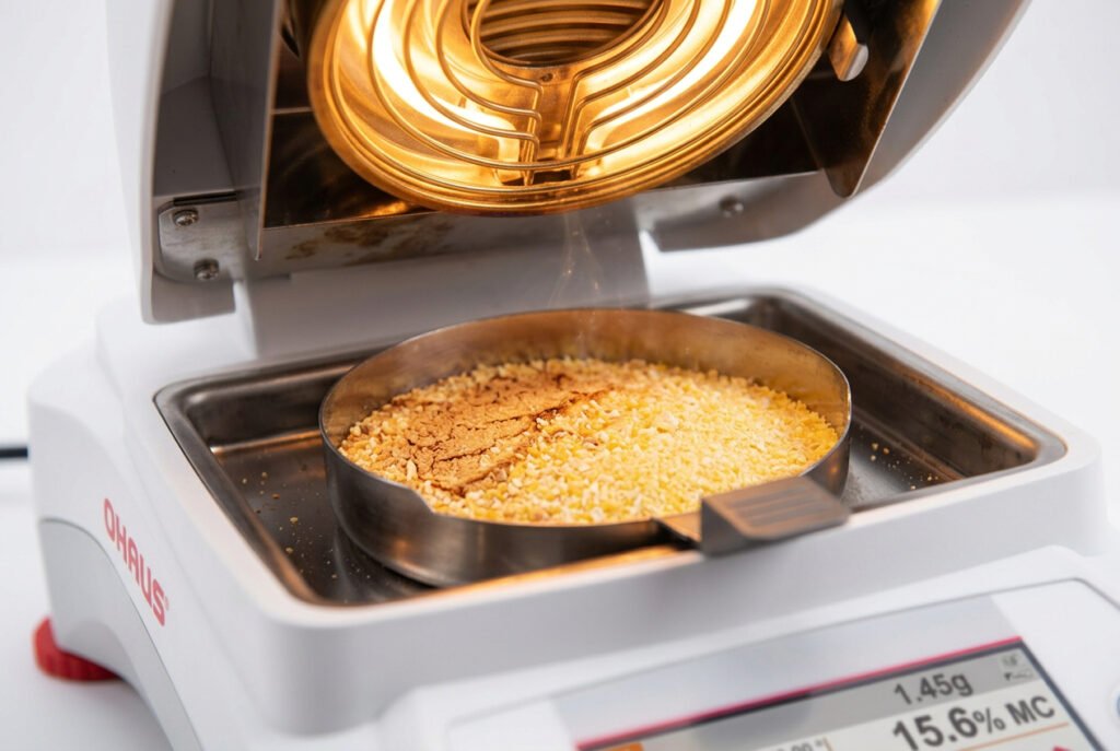Close up of a moisture analyzer sample pan with a food sample being dried under the halogen heating element
