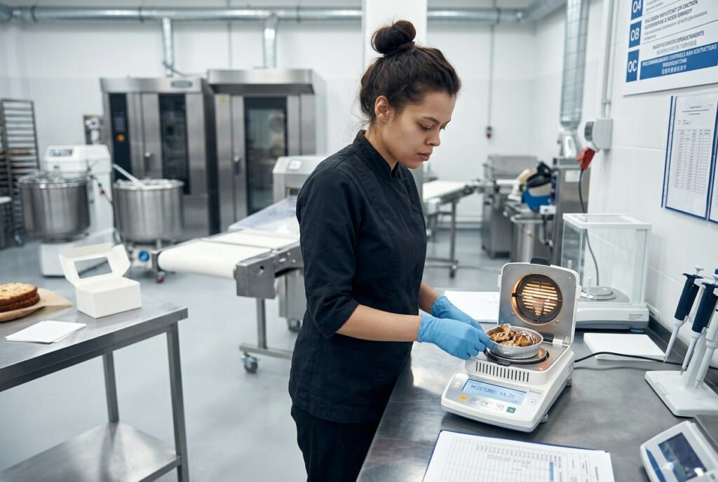 Food production quality control technician using a moisture analyzer to test moisture content of a baked product sample