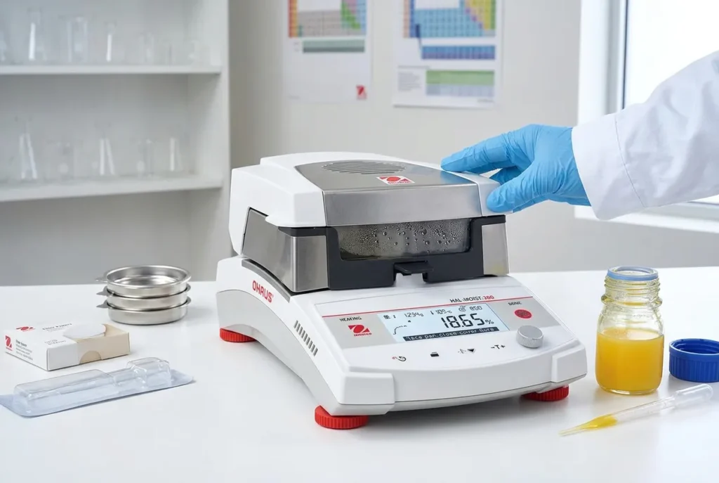 Halogen moisture analyzer on laboratory bench measuring moisture content of a sample