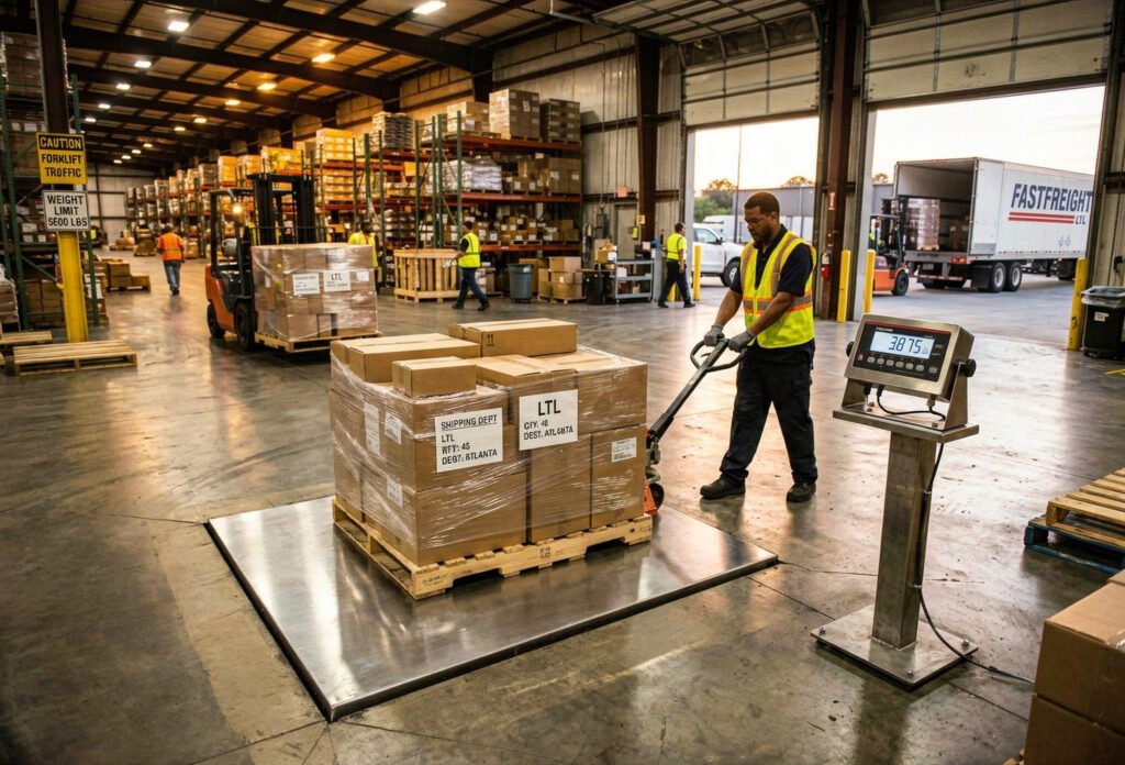 Heavy-duty floor scale in a warehouse used to weigh freight pallets before LTL shipping