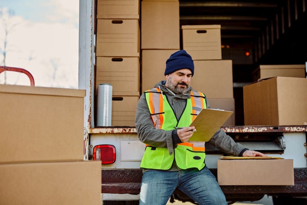 LTL freight carrier driver signing a Bill of Lading at a warehouse loading dock acknowledging receipt of cargo at declared weight