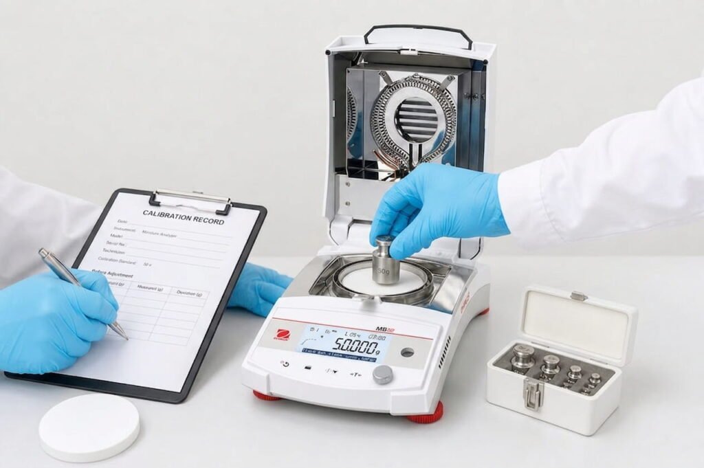 Laboratory technician calibrating moisture analyzer with certified calibration weights