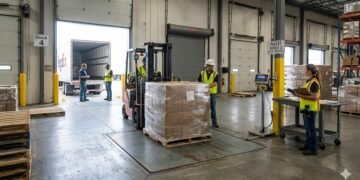 Loaded pallet being weighed on a heavy duty NTEP certified pallet scale at a warehouse shipping dock before LTL carrier pickup