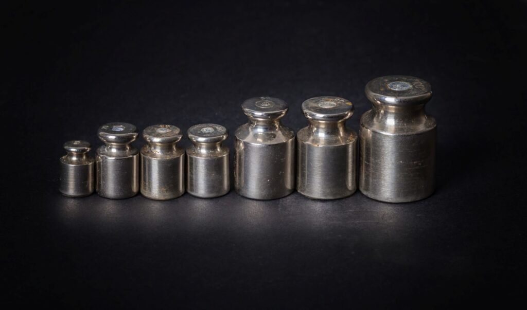 OIML E2 class certified reference weights being handled with stainless steel tweezers during multi-point external calibration of a laboratory analytical balance