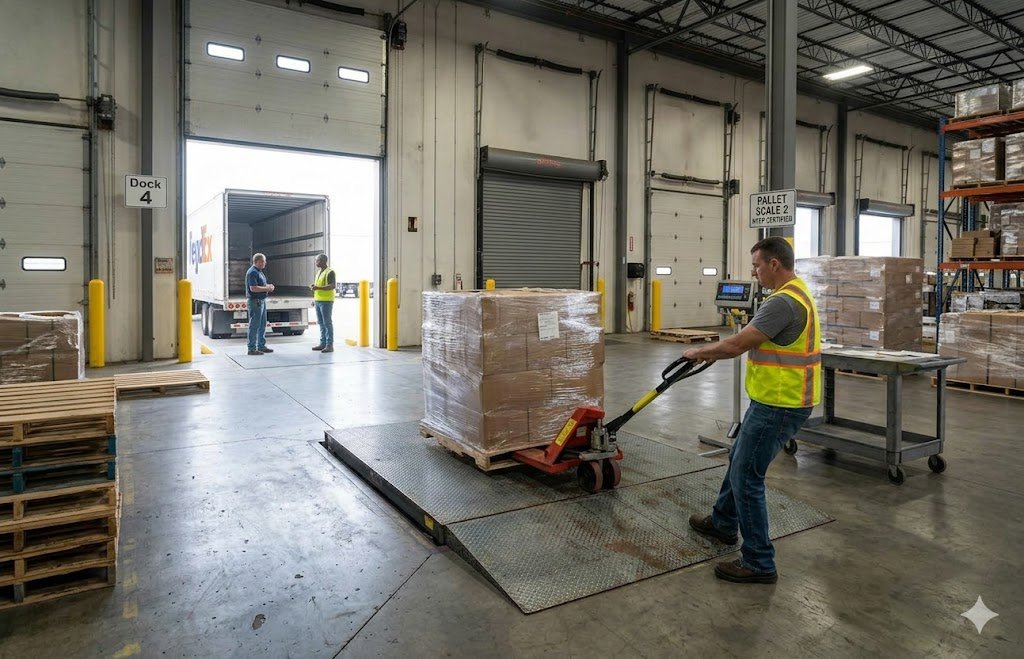 Pallet jack rolling a loaded pallet up an approach ramp onto a floor scale platform at a warehouse shipping station