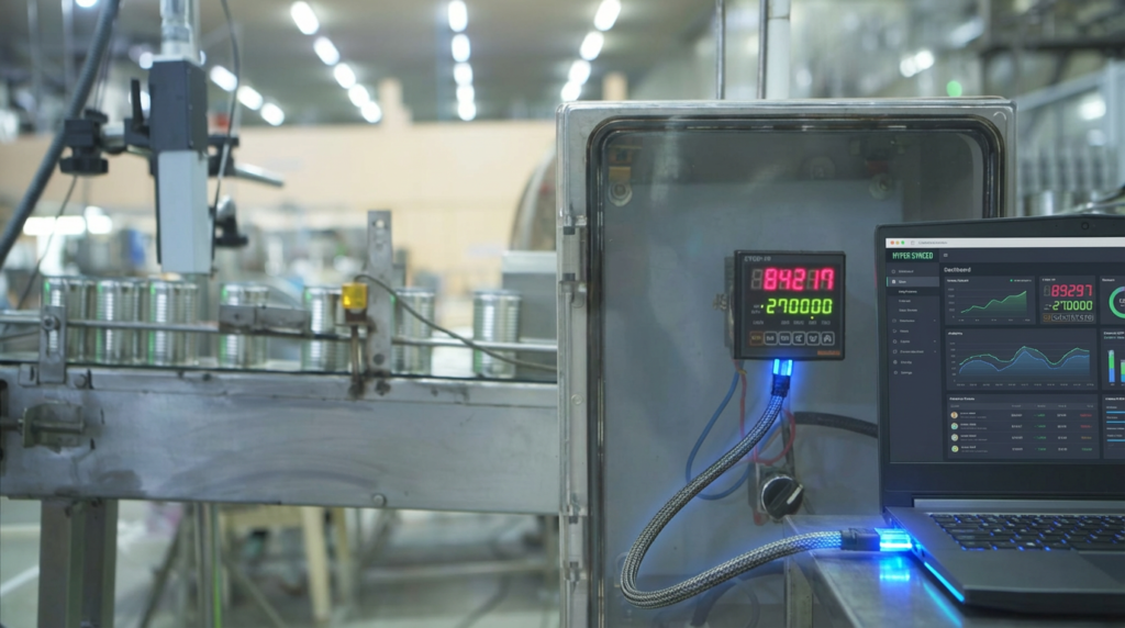 Scale indicator showing RS-232, USB, and Ethernet connectivity ports for warehouse management system integration