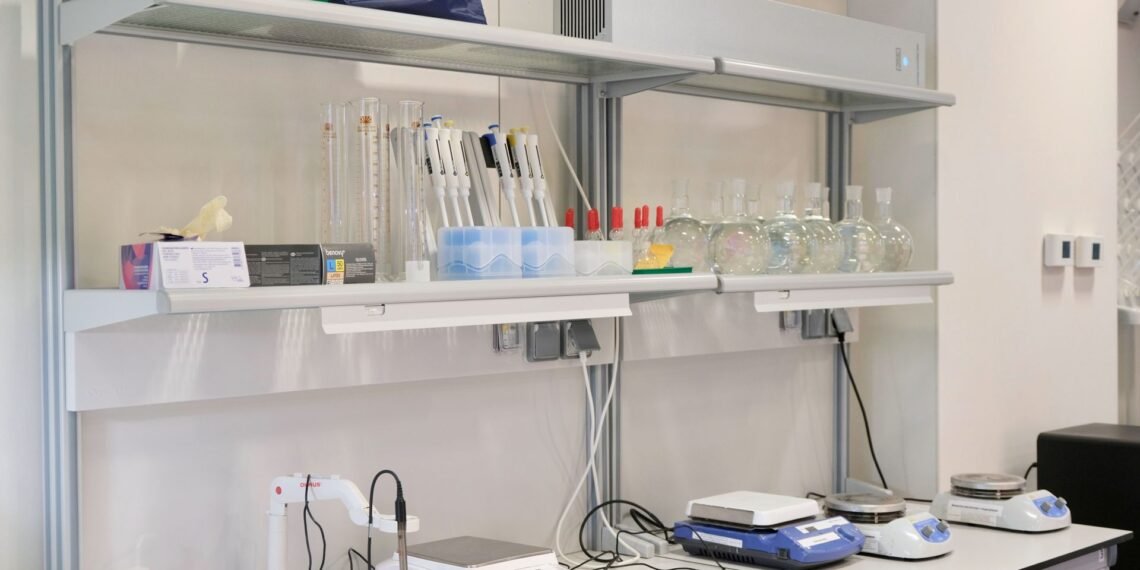 Range of laboratory balances from analytical to precision on a laboratory bench in a research facility