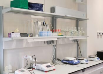Range of laboratory balances from analytical to precision on a laboratory bench in a research facility