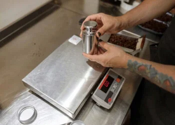 Calibration technician using NIST-traceable certified test weights to calibrate a heavy-duty industrial floor scale in a manufacturing facility