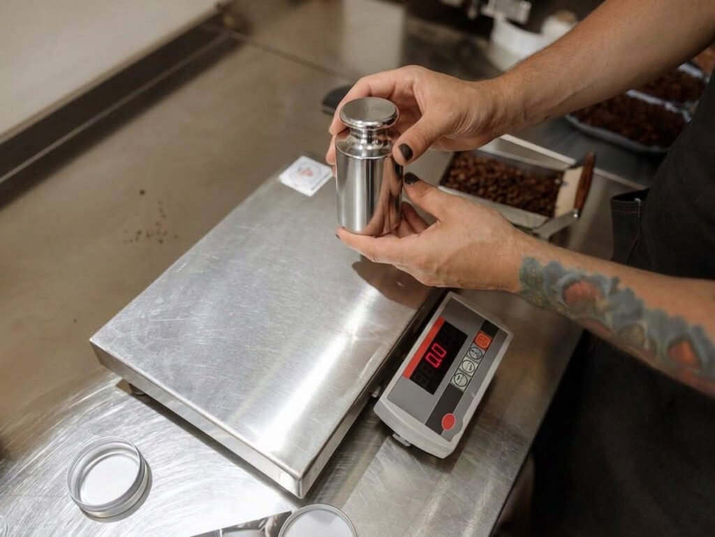 Scale calibration technician placing NIST-traceable certified test weights on an industrial floor scale in a manufacturing facility