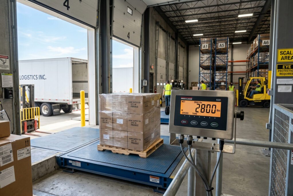 Shipping dock scale indicator connected to a warehouse management system displaying pallet weight for automatic Bill of Lading population