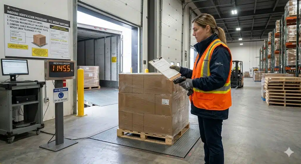 Warehouse receiving operator using a floor scale to verify inbound pallet weight against purchase order documentation at a receiving dock