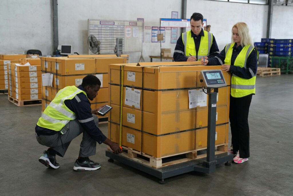 Warehouse worker measuring pallet dimensions and recording freight weight for LTL density and freight class calculation