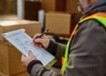 Warehouse shipping manager reviewing a completed Bill of Lading document at a loading dock before LTL carrier pickup