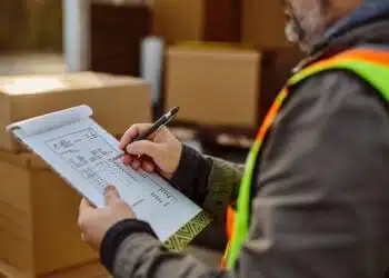 Warehouse shipping manager reviewing a completed Bill of Lading document at a loading dock before LTL carrier pickup