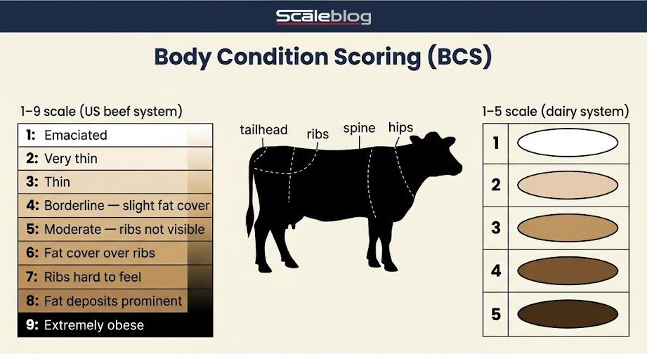 Body Condition Scoring chart for cattle showing the 1-9 US beef system and 1-5 dairy system with anatomical assessment zones and tactile evaluation hand icons