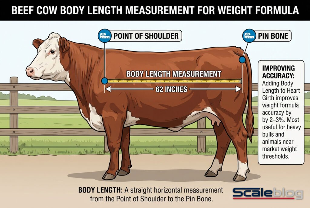 Beef cow body length measurement diagram showing point of shoulder to pin bone measurement of 62 inches for use in the cattle weight formula Heart Girth squared times Body Length divided by 300