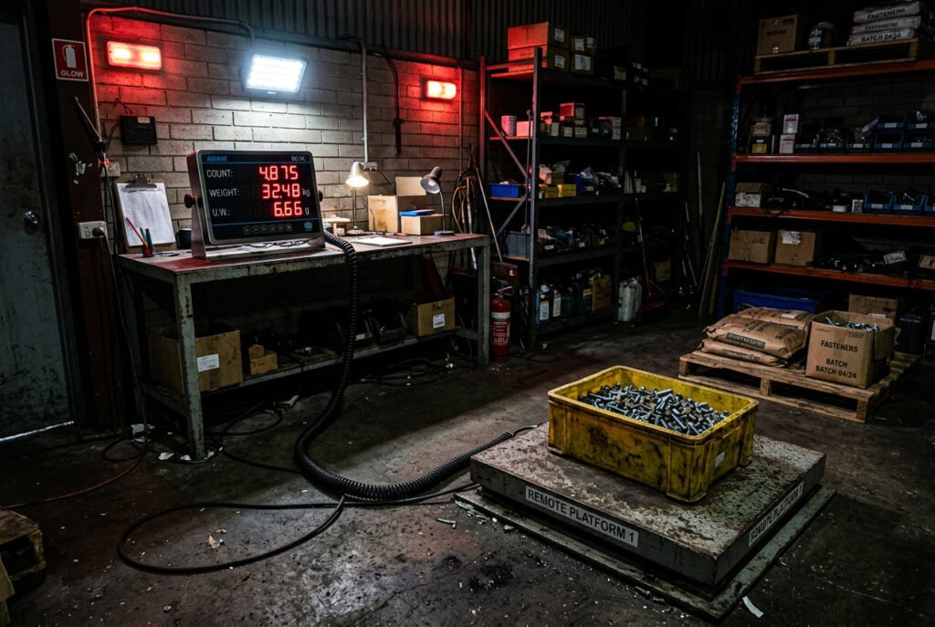 Counting scale connected to a remote floor scale platform for counting large bulk quantities of heavy parts in a warehouse