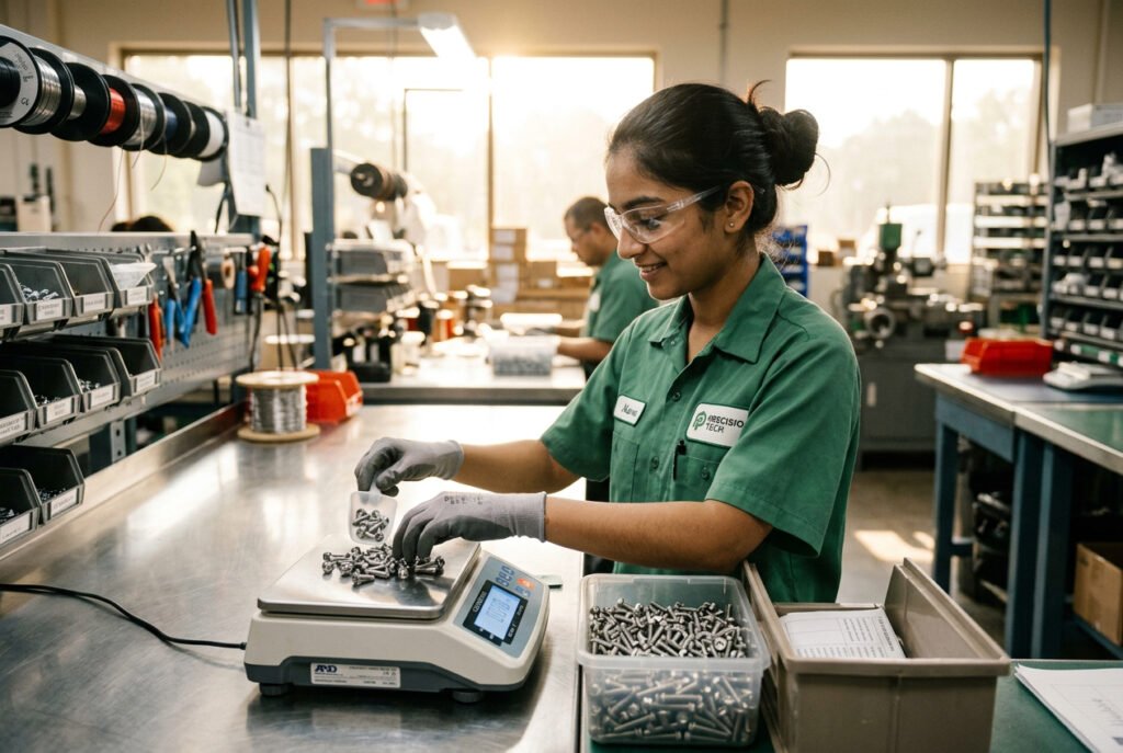 Manufacturing technician placing a reference sample of uniform parts on a counting scale platform to establish average piece weight
