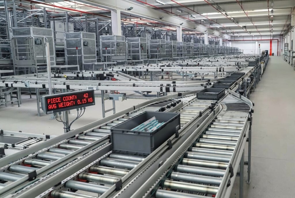 Digital counting scale indicator display showing piece count and average piece weight on a manufacturing production line