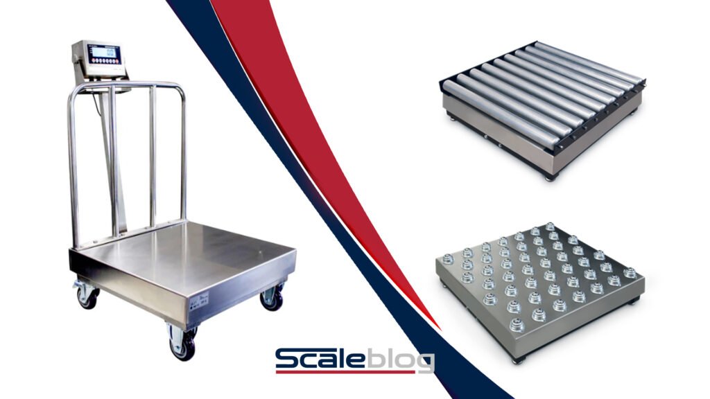 Three parcel scale platform types side by side — flat top, ball top, and roller top — for comparison at a warehouse shipping station