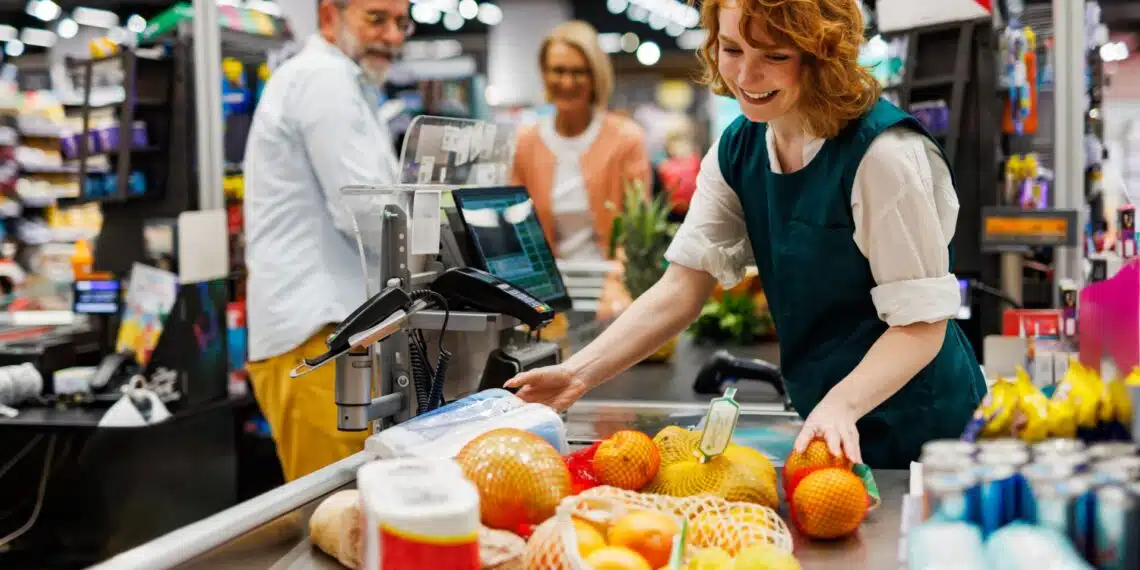 Cashier at a grocery store checkout lane using a POS-integrated scale to weigh fresh produce and automatically calculate the price for a customer transaction