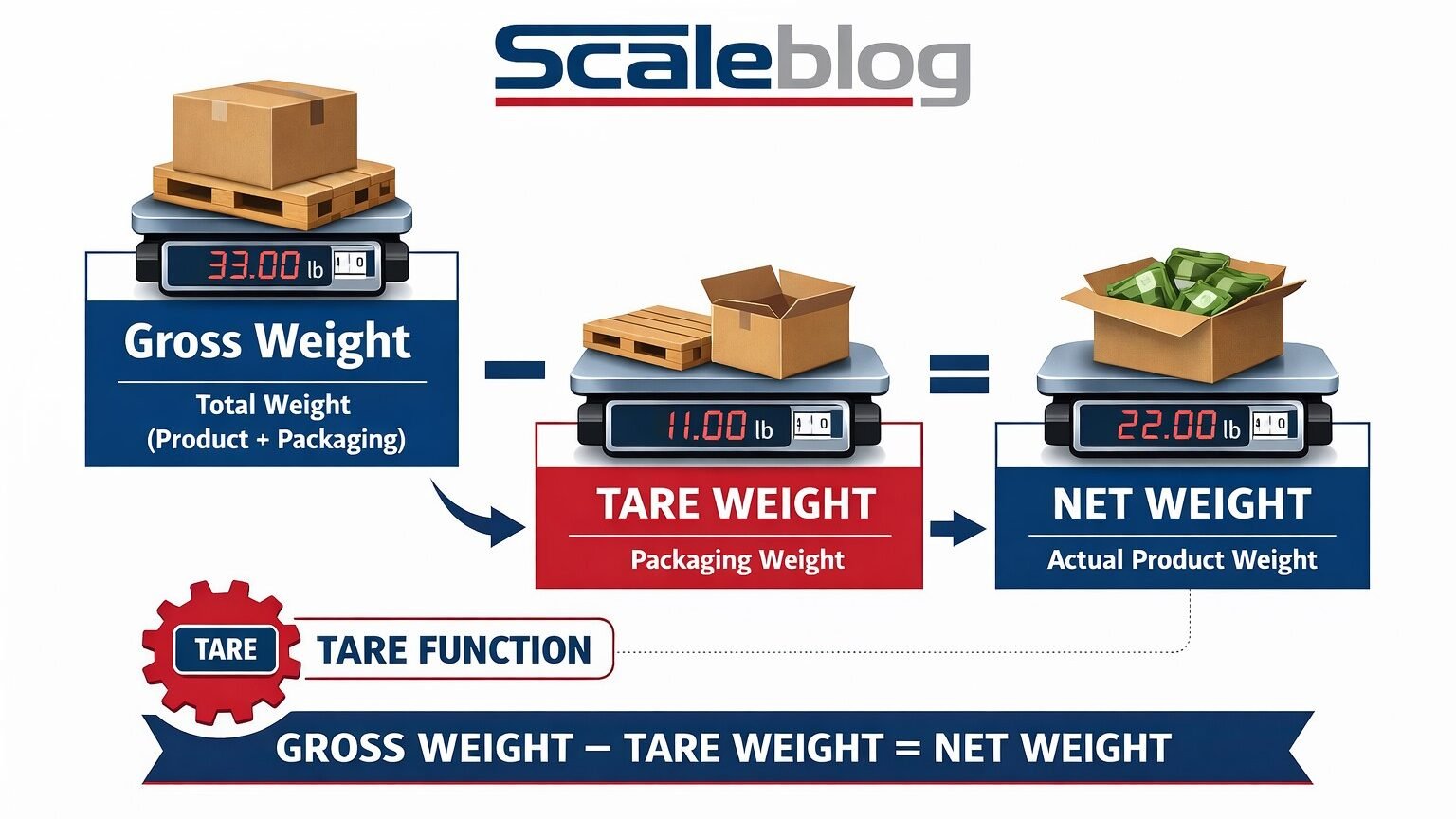 Diagram showing the relationship between gross weight, tare weight, and net weight in a shipping and packaging context