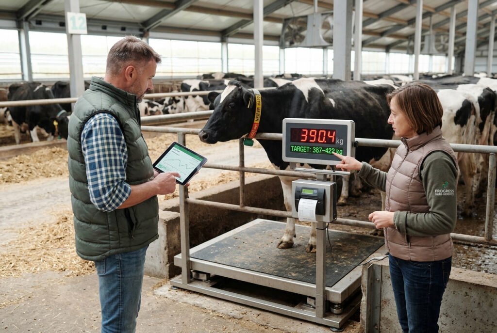 Replacement heifer being weighed on a livestock scale to verify breeding weight target of 60 to 65 percent of mature weight before joining