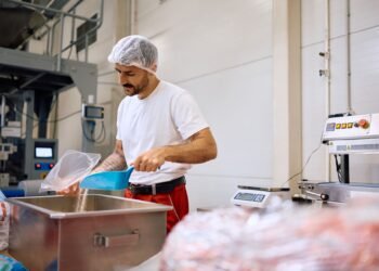 Stainless steel IP69K washdown floor scale in a food processing facility