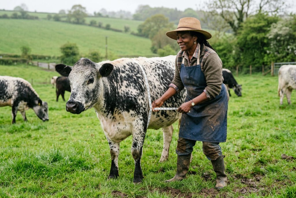 Farmer measuring heart girth of beef cow with flexible tape measure to calculate cattle weight using the Schaeffer formula