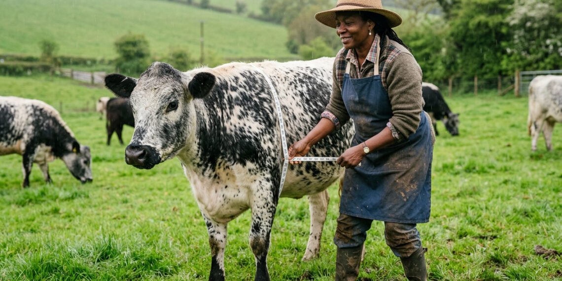 Farmer measuring heart girth of beef cow with flexible tape measure to calculate cattle weight using the Schaeffer formula