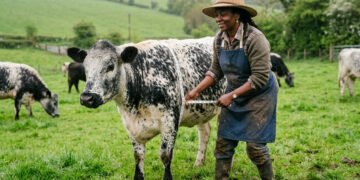 Farmer measuring heart girth of beef cow with flexible tape measure to calculate cattle weight using the Schaeffer formula