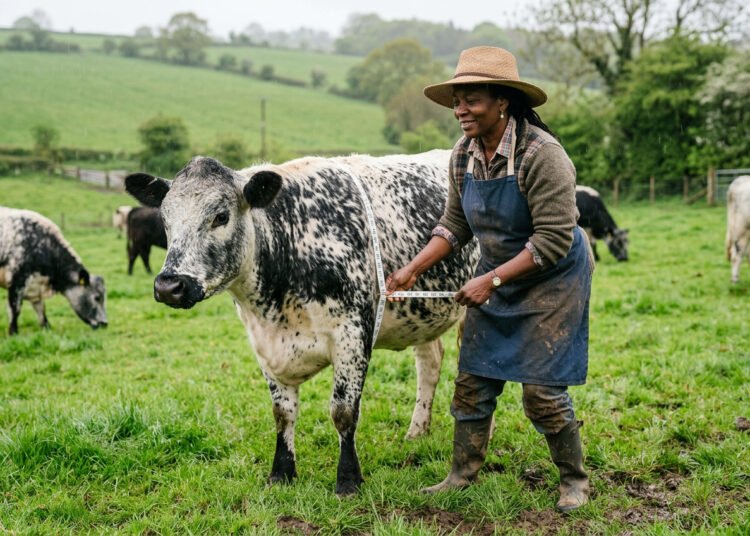 Farmer measuring heart girth of beef cow with flexible tape measure to calculate cattle weight using the Schaeffer formula