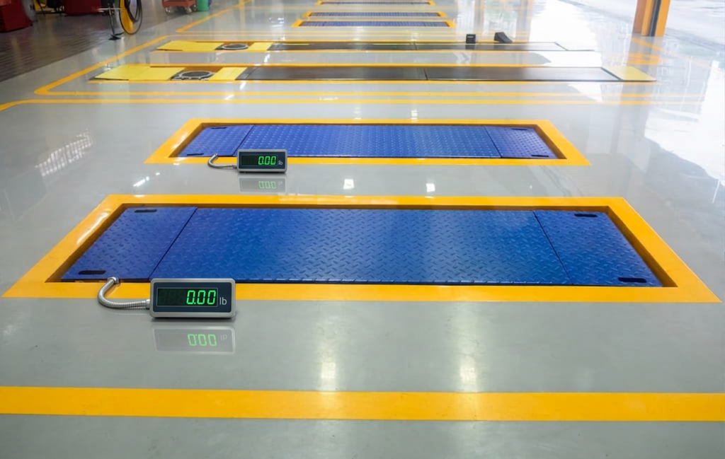 Powder-coated mild steel floor scale in a dry indoor warehouse environment.