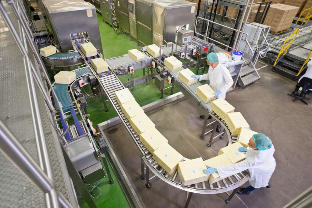 Packaged food products passing through an automatic checkweigher quality control station on a manufacturing production line