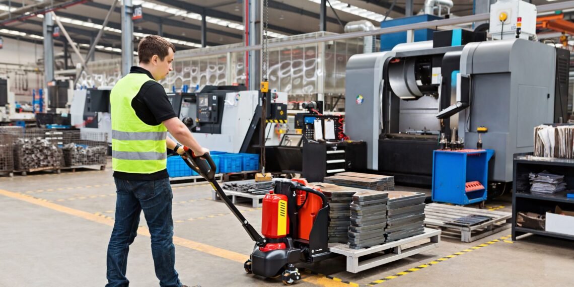 Warehouse distribution center with floor scale at receiving dock and pallet weighing operations for inbound and outbound freight