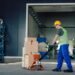 Warehouse operator using a digital pallet jack scale to weigh a loaded pallet during transport in a distribution center