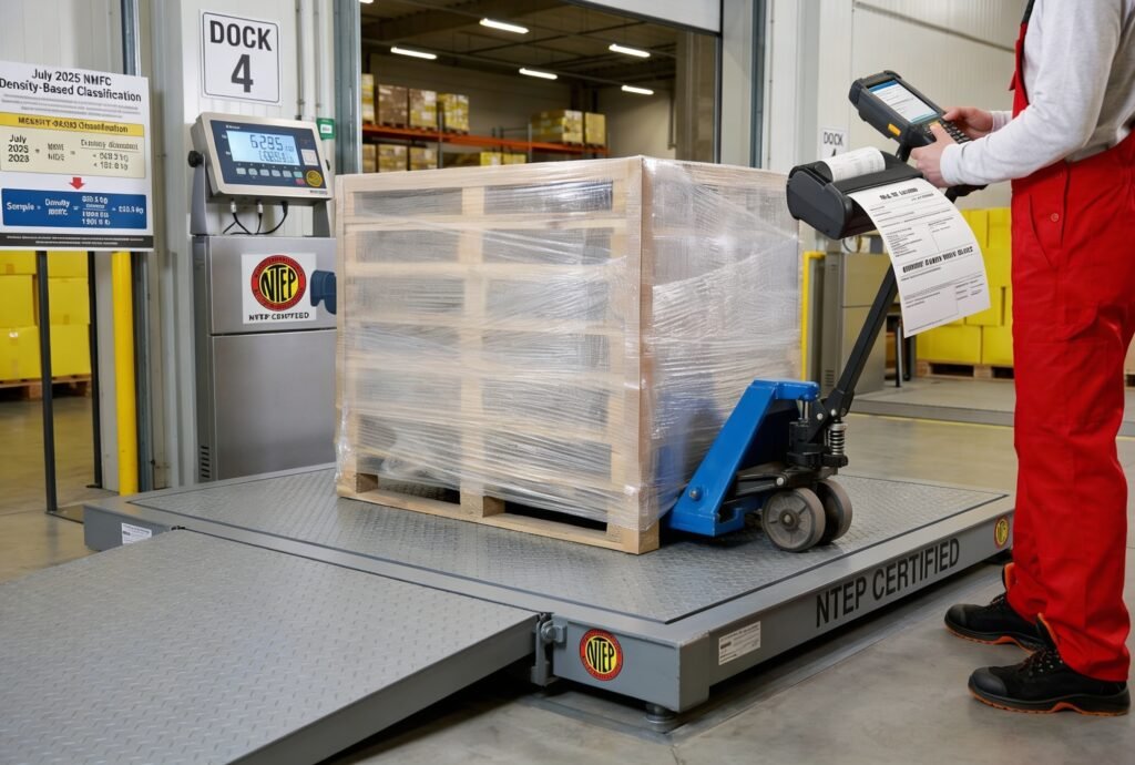 Loaded pallet on an NTEP certified floor scale at a warehouse shipping dock before LTL carrier pickup and Bill of Lading generation