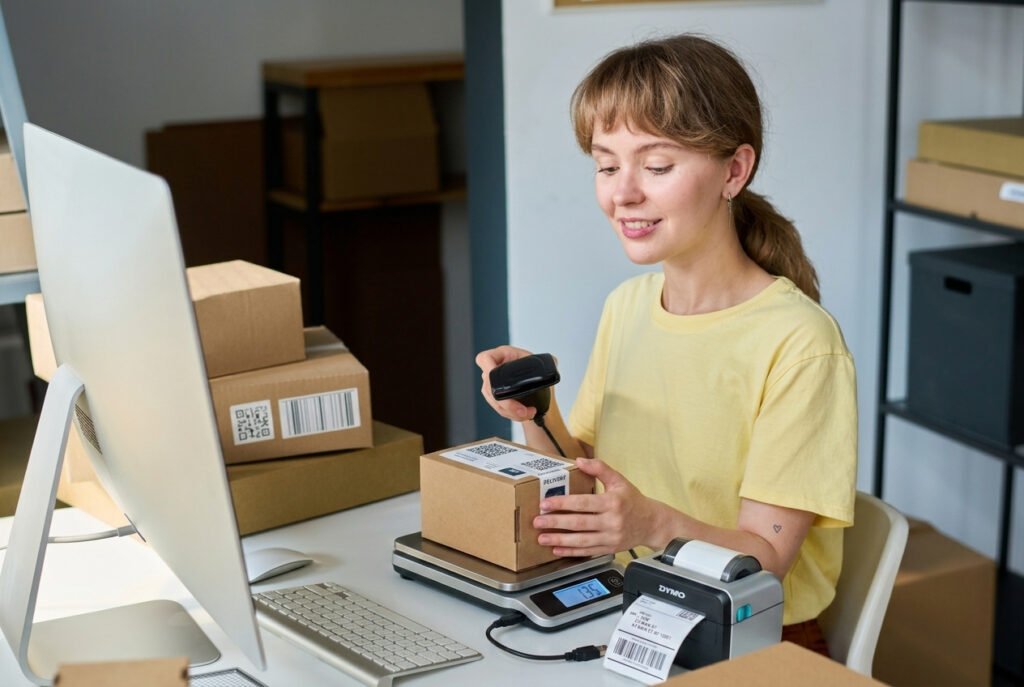 E-commerce packing station with USB-connected parcel scale and label printer for accurate shipping weight capture before carrier pickup