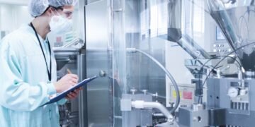 Pharmaceutical QC analyst documenting laboratory balance calibration records for GMP compliance audit in a regulated laboratory environment