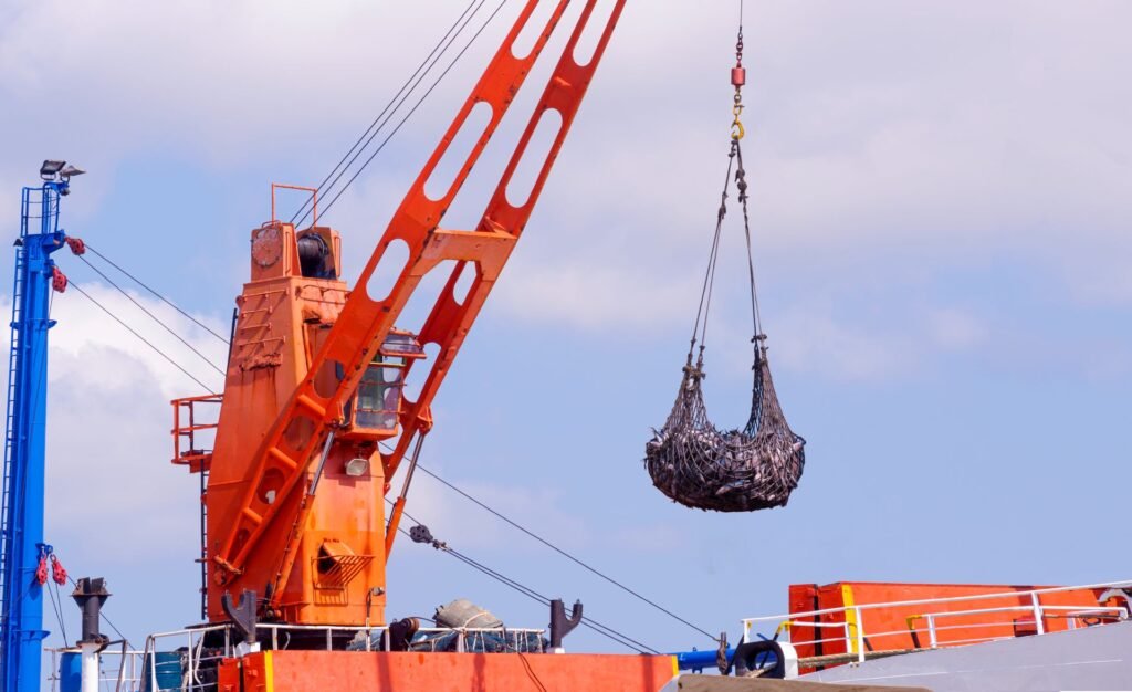 Industrial crane scale in use at a shipping port weighing a cargo container during loading operations for SOLAS VGM compliance