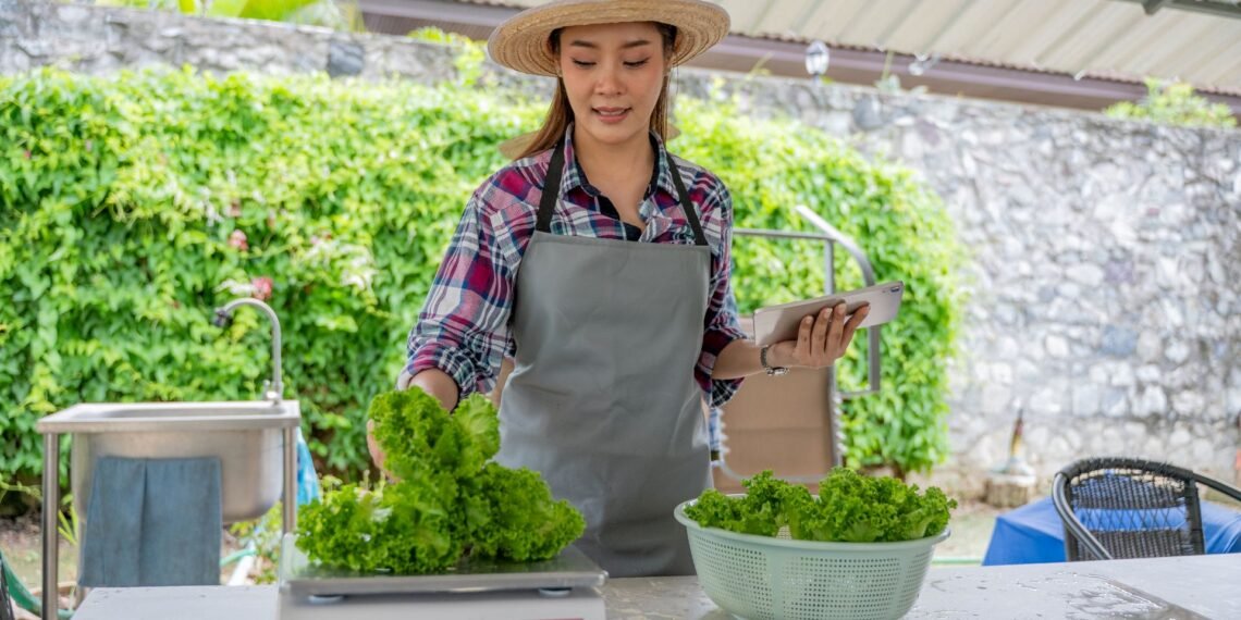 Vendor at a farmers market using an NTEP-certified portable price computing scale with dual display to weigh fresh produce for a customer